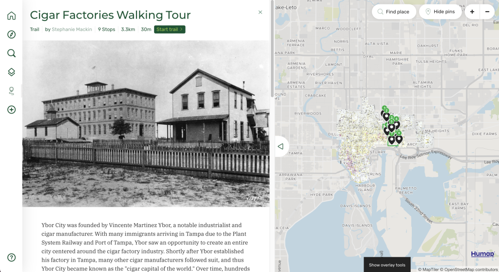 a screenshot from the tampa through time portal shows the map of a walking tour of historic cigar factories.